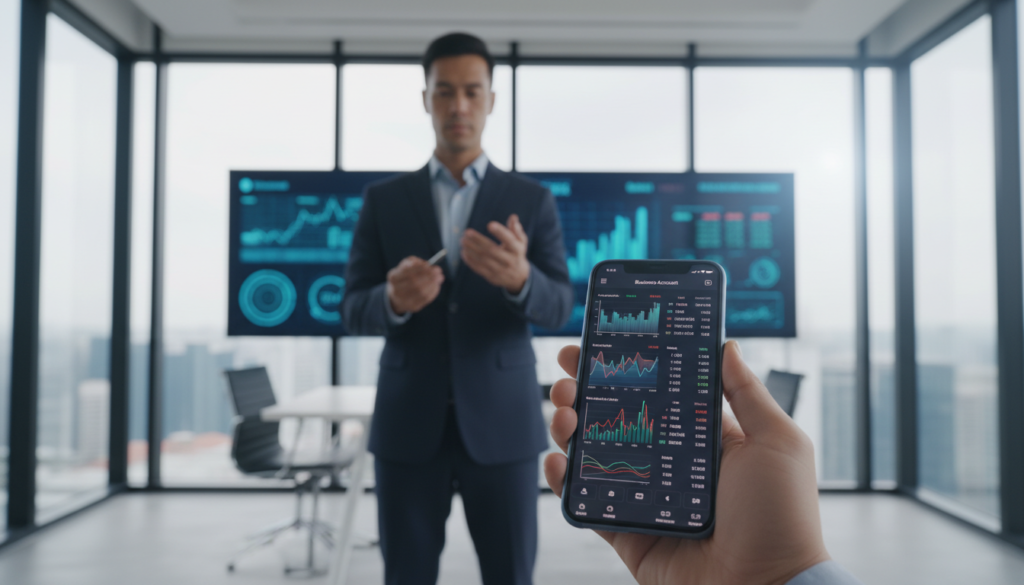 A photorealistic image depicting a professional business setting that symbolizes an electronic money institution in Singapore. The foreground features a sleek, modern smartphone displaying a digital business account interface, with vibrant graphs and transaction details visible. In the middle ground, an elegantly dressed business professional, wearing a tailored suit, reviews the account details with a focused expression, suggesting professionalism and trust. The background showcases a contemporary office environment, featuring glass walls and digital screens flashing financial data. Soft natural lighting filters through, creating an inviting atmosphere. The camera angle is slightly tilted upward, giving a sense of importance to the subject and emphasizing the high-tech nature of e-money transactions. Overall, the image conveys a mood of innovation and professionalism in the financial sector.