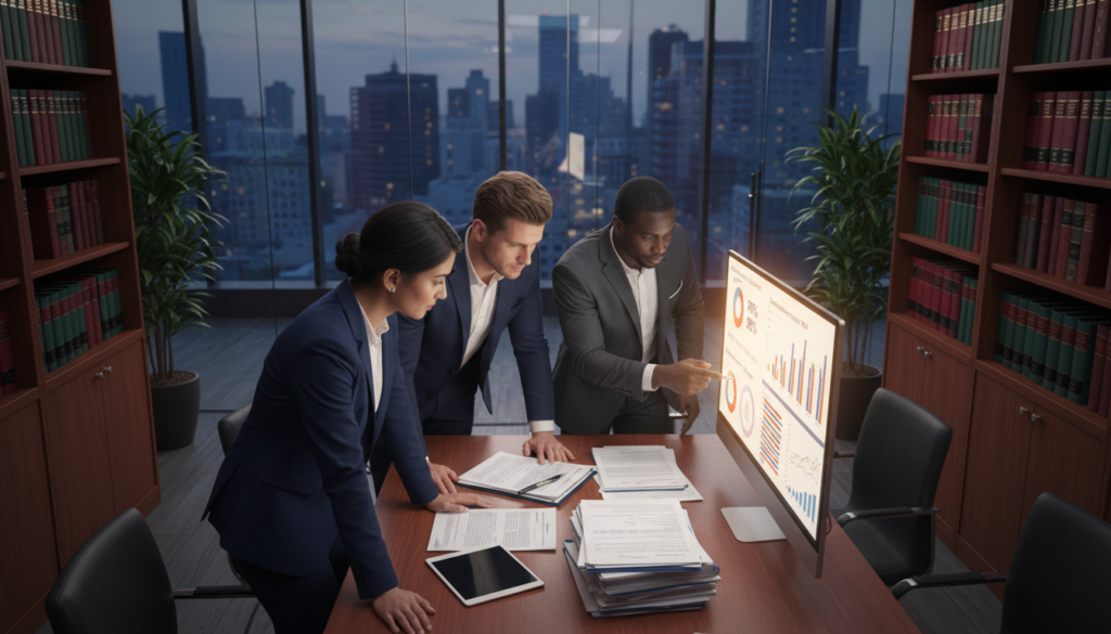 A photorealistic image depicting a professional compliance review setting. In the foreground, a diverse team of three professionals, a South Asian woman and a Caucasian man, both dressed in formal business attire, engaged in a focused discussion over tax documents spread on a sleek conference table. In the middle ground, a large monitor displays financial charts and compliance metrics, illuminated by soft, warm office lighting. The background features a modern office environment with glass walls, plants, and bookshelves filled with tax law references, creating an atmosphere of diligence and professionalism. The angle captures an overhead view, emphasizing collaboration and attention to detail, evoking a sense of purpose and integrity in the tax audit process.