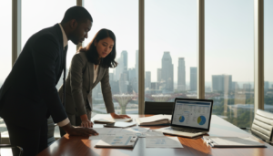 A photorealistic image depicting a professional office environment focused on withholding tax payments. In the foreground, a diverse group of two business professionals, a man and a woman, are discussing tax documents at a sleek conference table. They are dressed in formal business attire, reflecting a serious and focused atmosphere. The middle ground features a laptop open with spreadsheets and graphs related to cross-border payments. In the background, large windows reveal a modern city skyline of Singapore, bathed in natural light that creates sharp contrasts and highlights the details of the office space. The mood is one of concentration and professionalism, emphasizing the importance of understanding withholding tax in a global context.