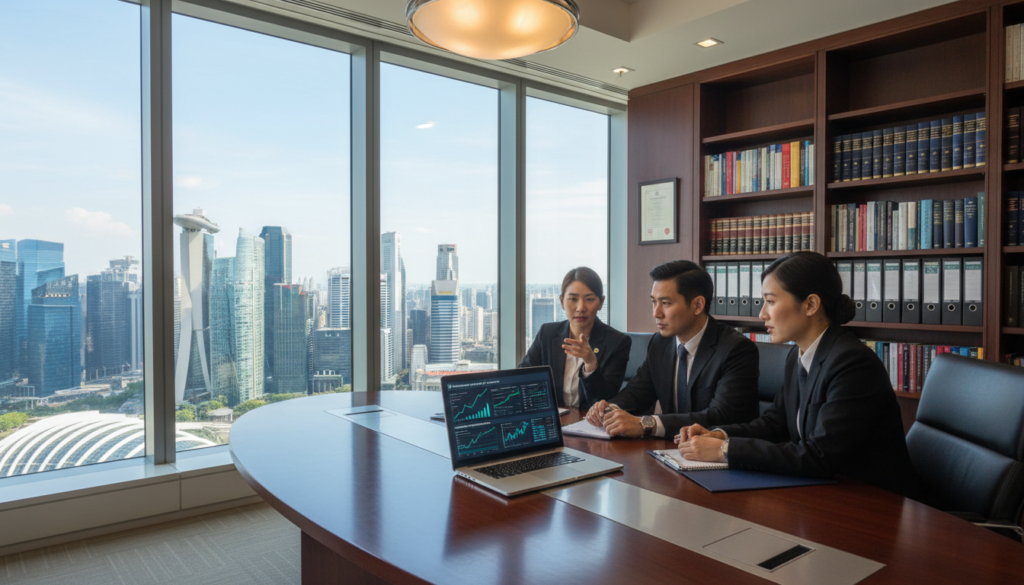 A photorealistic image depicting a professional office space representing compliance protection in regulated industries. In the foreground, a diverse group of three people in business attire are engaged in a discussion around a modern conference table, with a laptop displaying compliance graphs and licensing documents in front of them. The middle layer features a large window with natural light flooding the room, reflecting a cityscape of Singapore outside, emphasizing a bustling business environment. In the background, a bookshelf filled with law books and compliance guidelines adds context. The atmosphere is focused and serious, illustrating the importance of understanding licensing in regulated industries. Soft lighting complements the professional mood, captured from a slightly elevated angle for a comprehensive view of the scene.