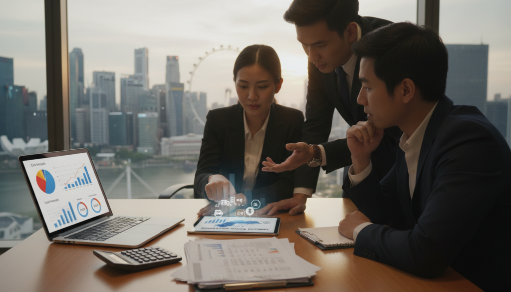 A photorealistic image depicting a professional setting focusing on costs and pricing in the context of business relocation in Singapore. In the foreground, a modern office desk with neatly arranged documents, a calculator, and a laptop displaying financial graphs. The middle ground features a diverse group of three business professionals in smart attire, engaged in discussion over a digital tablet, analyzing costs related to relocation services. The background showcases the skyline of Singapore with iconic buildings, subtly blurred to emphasize the importance of the conversation. The lighting is warm and inviting, creating a productive atmosphere, with a slight depth of field effect to draw attention to the subjects. The overall mood is focused yet dynamic, reflecting the complexities of pricing in the corporate relocation landscape.