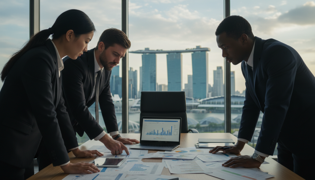 A photorealistic image depicting a stylized and professional enforcement scene related to anti-money laundering penalties in Singapore. In the foreground, a diverse group of individuals in formal business attire, including Asian, Caucasian, and Black professionals, are engaged in a serious discussion over documents and a laptop, symbolizing compliance efforts. The middle ground features a sleek conference table and financial documents, with a backdrop of Singapore's skyline, highlighting modern skyscrapers and the iconic Marina Bay Sands. Soft, focused lighting highlights the intensity of the discussion, creating a somber yet determined atmosphere. The angle captures both the facial expressions of the individuals and the urban landscape, emphasizing the importance of compliance in a bustling financial hub. A photorealistic image depicting a stylized and professional enforcement scene related to anti-money laundering penalties in Singapore. In the foreground, a diverse group of individuals in formal business attire, including Asian, Caucasian, and Black professionals, are engaged in a serious discussion over documents and a laptop, symbolizing compliance efforts. The middle ground features a sleek conference table and financial documents, with a backdrop of Singapore's skyline, highlighting modern skyscrapers and the iconic Marina Bay Sands. Soft, focused lighting highlights the intensity of the discussion, creating a somber yet determined atmosphere. The angle captures both the facial expressions of the individuals and the urban landscape, emphasizing the importance of compliance in a bustling financial hub.