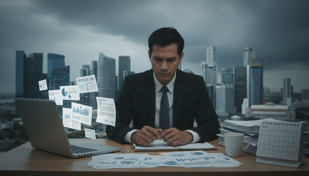 A photorealistic image depicting a virtual office environment in Singapore, highlighting its disadvantages. In the foreground, a professional businessperson in smart attire appears stressed while reviewing a laptop screen filled with bills and paperwork. In the middle ground, a cluttered desk displays papers, a coffee cup, and an outdated calendar, symbolizing disorganization. The background features a sleek skyline of Singapore, with iconic buildings partially obscured by dark clouds, conveying a sense of uncertainty. The lighting is somewhat dim, with a soft focus on the person, drawing attention to their expression. The overall atmosphere is serious and reflective, illustrating the challenges and cons associated with virtual offices in Singapore.