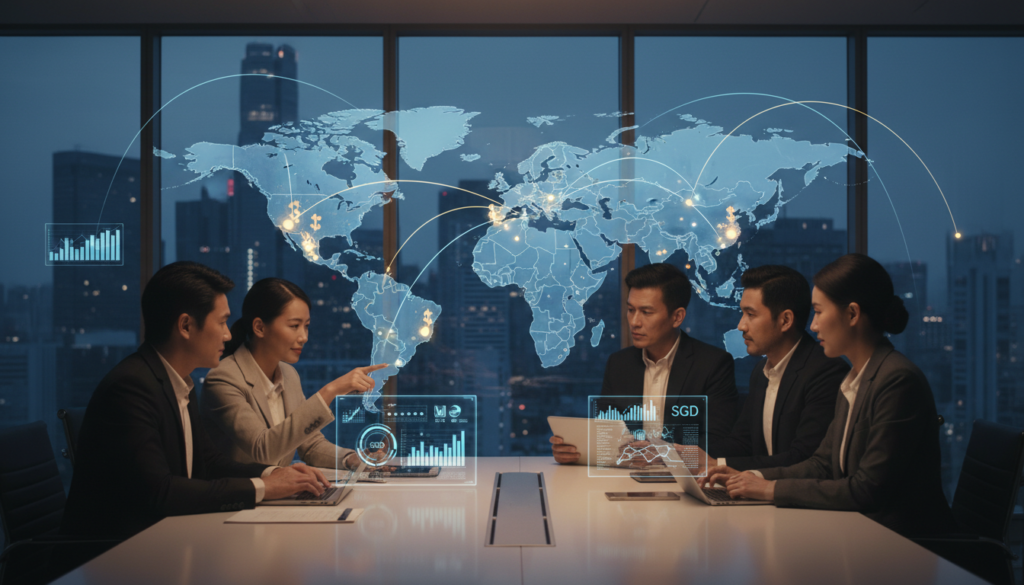 A photorealistic image depicting the concept of cross-border payments. In the foreground, a diverse group of business professionals in smart casual attire are gathered around a sleek, modern table scattered with digital devices showing financial data and currency symbols, such as the US Dollar and Singapore Dollar. In the middle ground, a large digital map displays connecting routes between countries, with glowing lines representing payment flows. The background features a high-tech office environment with large windows overlooking a bustling city skyline, reflecting the theme of globalization and commerce. Soft, warm lighting creates a collaborative atmosphere, emphasizing innovation and connectivity in international business transactions.