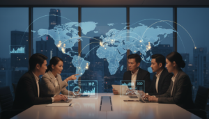 A photorealistic image depicting the concept of cross-border payments. In the foreground, a diverse group of business professionals in smart casual attire are gathered around a sleek, modern table scattered with digital devices showing financial data and currency symbols, such as the US Dollar and Singapore Dollar. In the middle ground, a large digital map displays connecting routes between countries, with glowing lines representing payment flows. The background features a high-tech office environment with large windows overlooking a bustling city skyline, reflecting the theme of globalization and commerce. Soft, warm lighting creates a collaborative atmosphere, emphasizing innovation and connectivity in international business transactions.