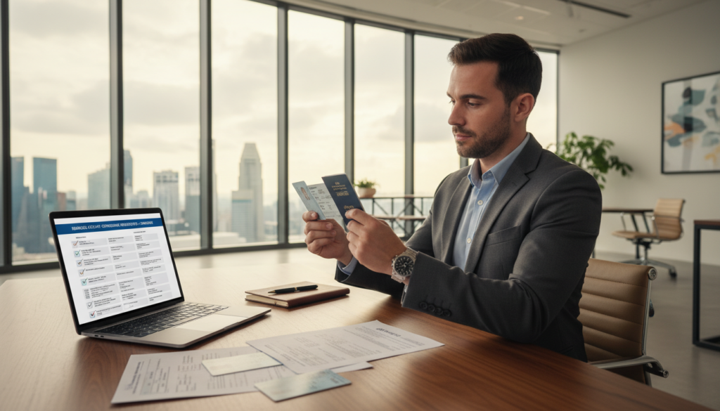 A photorealistic image depicting the concept of "eligibility and account opening requirements" for business accounts in Singapore. In the foreground, a neatly organized desk features a laptop displaying a digital checklist, alongside essential documents such as ID copies and bank forms. The middle ground includes a confident individual in professional attire, engaged in reviewing these documents, with a focused expression. In the background, a modern office setting showcases large windows revealing the iconic Singapore skyline, bathed in soft, diffused natural light that creates a warm and welcoming atmosphere. The overall mood should convey professionalism and clarity, emphasizing the importance of thorough preparation for banking requirements.