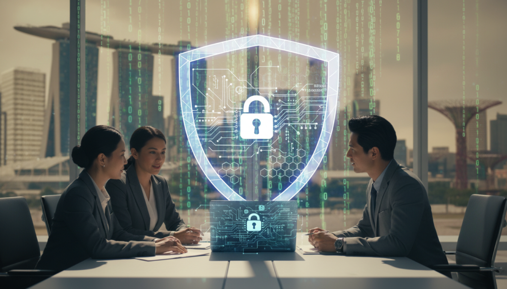 A photorealistic image depicting the concept of personal data protection. In the foreground, a diverse group of three professionals in business attire engaged in a focused discussion, with a laptop open to a screen showing digital encryption symbols. In the middle, a transparent shield graphic representing data security separates the group from a matrix of flowing binary code, signifying the digital landscape they navigate. The background features an abstract cityscape of Singapore, hinting at modernity and technological advancement, subtly illuminated by a warm glow to evoke a sense of security and compliance. Soft, ambient lighting enhances the professional environment while casting gentle shadows, creating an atmosphere of trust and diligence in data protection.