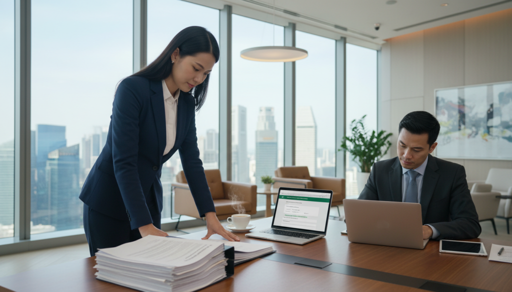 A photorealistic image depicting the step-by-step process of opening a holding company bank account in Singapore. In the foreground, a professional businesswoman wearing smart attire is reviewing documents on a sleek wooden desk, surrounded by a laptop, a stack of paperwork, and a coffee cup. In the middle ground, a focused businessman in formal clothing is signing forms under bright office lighting, showcasing an open bank account application on his laptop screen. In the background, an elegant bank office with modern decor and large windows showing the Singapore skyline creates a sense of professionalism and reliability. The mood is productive and insightful, emphasizing clarity and organization, with natural light illuminating the scene.