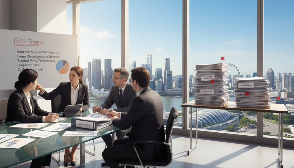 A photorealistic image illustrating common triggers that put companies on the IRAS radar, set in a modern office environment. In the foreground, a diverse group of professionals in business attire are engaged in a discussion around a table filled with documents and charts. In the middle, a stack of tax forms and financial reports highlights the complexities of tax compliance. The background features a large window showcasing a cityscape of Singapore, with iconic buildings under a bright, clear sky, symbolizing transparency and oversight. Soft, natural lighting streams through the window, creating an atmosphere of focus and professionalism. The perspective is slightly angled to give depth to the scene, emphasizing the seriousness of tax compliance and audit readiness.