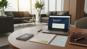 A photorealistic image illustrating "documentation requirements" for banks in Singapore. In the foreground, display a neatly arranged collection of essential documents for account opening, including a passport, company registration certificate, and proof of address. The middle ground features a professional business setting with an open laptop showing a banking website, alongside a sleek pen and a notepad for notes. In the background, soft-focus elements hint at a modern bank interior with elegant furnishings and plants, creating a warm, inviting atmosphere. The scene is well-lit with natural light streaming through large windows, enhancing the professional yet approachable mood, captured from a slightly elevated angle to provide depth.