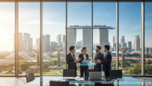 A photorealistic image of Singapore's iconic skyline, featuring the Marina Bay Sands and the Gardens by the Bay in sharp focus, representing a modern business environment. In the foreground, a diverse group of professionals in business attire are engaged in a collaborative discussion, showcasing a vibrant atmosphere of innovation and teamwork. The middle ground highlights a sleek office space overlooking the skyline, with large glass windows reflecting the cityscape. The background depicts a clear blue sky with soft cloud coverage, enhancing the feel of a thriving metropolis. The lighting is warm and inviting, suggesting a sunny day that symbolizes prosperity and opportunity in Singapore's business landscape. The overall mood is optimistic and dynamic, capturing why Singapore is a favored jurisdiction for holding companies.