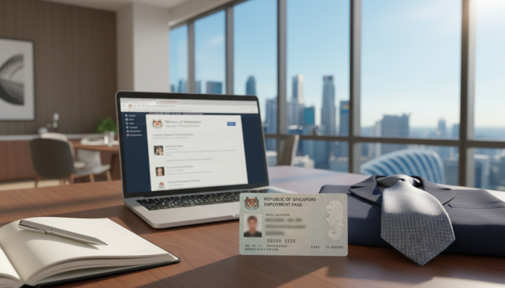 A photorealistic image of a Singapore Employment Pass displayed prominently on a sleek desk. The foreground features the Employment Pass document with its official design, highlighting the holographic elements and watermark. In the middle ground, include a modern laptop opened to a governmental website related to employment immigration, surrounded by professional business attire accessories such as a pen and notepad. The background portrays a stylish office setting with soft natural lighting coming from large windows, showcasing a view of the Singapore skyline. The atmosphere conveys a sense of professionalism and opportunity, embodying the essence of business immigration support. No human figures are present in the image. A photorealistic image of a Singapore Employment Pass displayed prominently on a sleek desk. The foreground features the Employment Pass document with its official design, highlighting the holographic elements and watermark. In the middle ground, include a modern laptop opened to a governmental website related to employment immigration, surrounded by professional business attire accessories such as a pen and notepad. The background portrays a stylish office setting with soft natural lighting coming from large windows, showcasing a view of the Singapore skyline. The atmosphere conveys a sense of professionalism and opportunity, embodying the essence of business immigration support. No human figures are present in the image.
