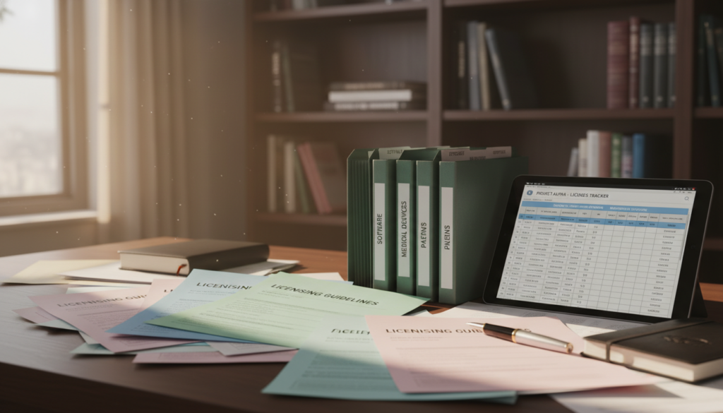 A photorealistic image of a cluttered office desk featuring a variety of documents spread out. In the foreground, focus on a stack of colorful application forms and printed guidelines, clearly visible, with a digital device displaying a spreadsheet next to them. In the middle, include a few organized folders labeled with different licensing categories, alongside a pen and a stylish notebook. The background should feature a softly blurred bookshelf filled with business books and legal texts, contributing to a professional atmosphere. Natural light streams in through a nearby window, creating a warm and inviting glow that emphasizes the importance of thorough preparation and documentation in the licensing process. The overall mood is focused and industrious, perfect for a professional context.