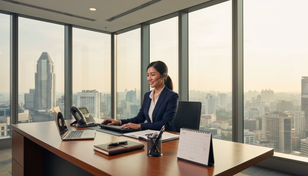 A photorealistic image of a modern Servcorp virtual office, showcasing a sleek and sophisticated workspace. In the foreground, a polished wooden desk with a high-end laptop and a stylish business phone, surrounded by elegant stationery. The middle ground features a professional receptionist interacting with a client over the phone, dressed in formal business attire, exuding a friendly and efficient demeanor. In the background, large glass windows reveal a panoramic view of Singapore's skyline, with skyscrapers reflecting the vibrant afternoon sunlight. Soft, natural lighting enhances the inviting atmosphere, creating a space that embodies professionalism and global connectivity, ideal for virtual office services. The overall mood is dynamic yet calm, highlighting the seamless blend of technology and human touch in business communications. A photorealistic image of a modern Servcorp virtual office, showcasing a sleek and sophisticated workspace. In the foreground, a polished wooden desk with a high-end laptop and a stylish business phone, surrounded by elegant stationery. The middle ground features a professional receptionist interacting with a client over the phone, dressed in formal business attire, exuding a friendly and efficient demeanor. In the background, large glass windows reveal a panoramic view of Singapore's skyline, with skyscrapers reflecting the vibrant afternoon sunlight. Soft, natural lighting enhances the inviting atmosphere, creating a space that embodies professionalism and global connectivity, ideal for virtual office services. The overall mood is dynamic yet calm, highlighting the seamless blend of technology and human touch in business communications.