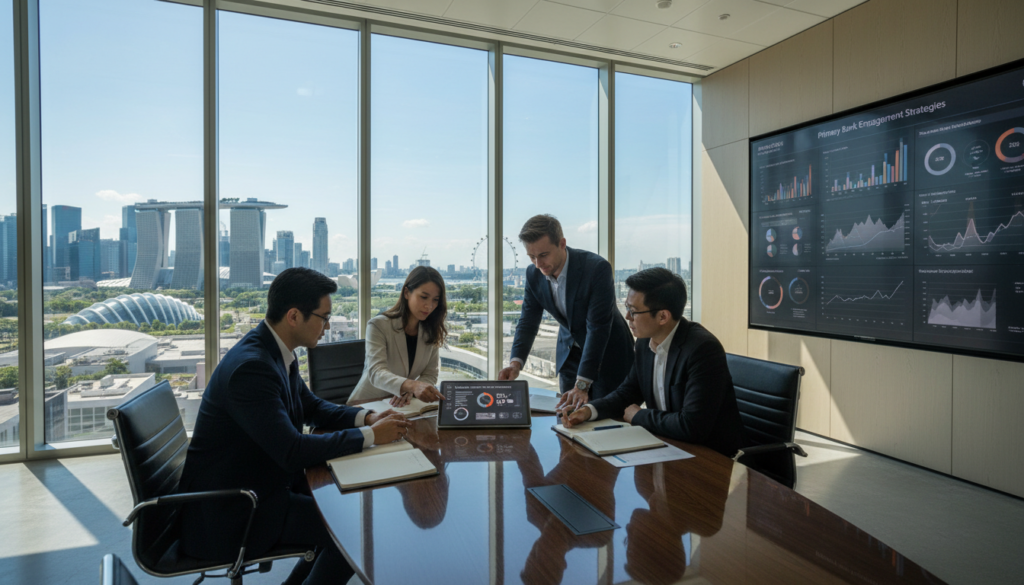 A photorealistic image of a modern office environment focused on bank relationship management for Singapore SMEs. In the foreground, a diverse group of professionals in formal business attire engages in a collaborative discussion around a sleek conference table, with a digital tablet displaying financial data. In the middle, large windows reveal a skyline of Singapore’s iconic buildings, allowing soft natural light to flood the room. The background features a wall-mounted screen displaying graphs and charts, symbolizing primary bank engagement strategies. The atmosphere is dynamic and professional, emphasizing focus and teamwork in a contemporary treasury management setting. A photorealistic image of a modern office environment focused on bank relationship management for Singapore SMEs. In the foreground, a diverse group of professionals in formal business attire engages in a collaborative discussion around a sleek conference table, with a digital tablet displaying financial data. In the middle, large windows reveal a skyline of Singapore’s iconic buildings, allowing soft natural light to flood the room. The background features a wall-mounted screen displaying graphs and charts, symbolizing primary bank engagement strategies. The atmosphere is dynamic and professional, emphasizing focus and teamwork in a contemporary treasury management setting.