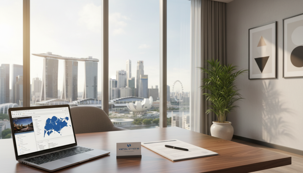 A photorealistic image of a modern office setting depicting a registered business address in Singapore. In the foreground, a stylish wooden desk adorned with essential business tools like a laptop, a stack of crisp documents, and a sleek pen. In the middle, a window reveals a panoramic cityscape of Singapore, showcasing iconic buildings such as Marina Bay Sands and the Raffles Place skyline. Soft natural light filters through the glass, creating an inviting atmosphere. On the desk, a business card with a Singapore map is subtly displayed. In the background, an elegantly designed wall features minimalist artwork and a potted plant, enhancing the professional ambiance. The overall mood is one of compliance, professionalism, and modernity, perfect for conveying the concept of a virtual office. A photorealistic image of a modern office setting depicting a registered business address in Singapore. In the foreground, a stylish wooden desk adorned with essential business tools like a laptop, a stack of crisp documents, and a sleek pen. In the middle, a window reveals a panoramic cityscape of Singapore, showcasing iconic buildings such as Marina Bay Sands and the Raffles Place skyline. Soft natural light filters through the glass, creating an inviting atmosphere. On the desk, a business card with a Singapore map is subtly displayed. In the background, an elegantly designed wall features minimalist artwork and a potted plant, enhancing the professional ambiance. The overall mood is one of compliance, professionalism, and modernity, perfect for conveying the concept of a virtual office.