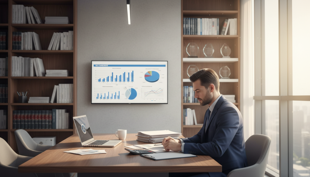 A photorealistic image of a modern office space dedicated to accounting and finance. In the foreground, a focused accountant, a professional man in business attire, is analyzing financial documents on a sleek desk adorned with a laptop, calculator, and a cup of coffee. In the middle ground, charts and graphs are displayed on a large wall-mounted screen, showcasing tax compliance and financial growth. The background features bookcases filled with accounting books and awards, symbolizing expertise in corporate tax. Soft, natural light filters through large windows, creating a warm and inviting atmosphere. The angle captures both the accountant's concentration and the organized workspace, emphasizing professionalism and efficiency in remote corporate services. A photorealistic image of a modern office space dedicated to accounting and finance. In the foreground, a focused accountant, a professional man in business attire, is analyzing financial documents on a sleek desk adorned with a laptop, calculator, and a cup of coffee. In the middle ground, charts and graphs are displayed on a large wall-mounted screen, showcasing tax compliance and financial growth. The background features bookcases filled with accounting books and awards, symbolizing expertise in corporate tax. Soft, natural light filters through large windows, creating a warm and inviting atmosphere. The angle captures both the accountant's concentration and the organized workspace, emphasizing professionalism and efficiency in remote corporate services.