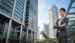 A photorealistic image of a prestigious Singaporean office building, showcasing a modern architectural style with glass and steel elements. In the foreground, a sharply dressed business professional, a Southeast Asian woman in a tailored suit, stands confidently with her arms crossed, symbolizing credibility and success. In the middle ground, elements of a bustling urban environment, including other sleek office buildings and a hint of greenery, convey the vibrancy of Singapore's business district. The background features a clear blue sky illuminated by soft, natural lighting, enhancing the focus on the business address. The overall atmosphere should evoke professionalism, trust, and the allure of a prime business location, perfect for attracting clients and enhancing corporate image.