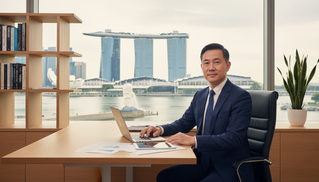 A photorealistic image of a professional-looking resident director in a modern office setting in Singapore. The foreground features a confident individual, a middle-aged Asian man, wearing a tailored navy blue suit, white dress shirt, and a subtle patterned tie, sitting at an elegantly crafted wooden desk with a laptop and financial documents. In the middle ground, there are space-saving shelves with business books and a sleek potted plant. The background shows a panoramic window with a view of the iconic Singapore skyline, including the Marina Bay Sands and the Merlion statue, bathed in soft daylight. The overall atmosphere is one of professionalism and reliability, conveying a sense of trust and business acumen. The lighting is warm and inviting, enhancing the ambiance of the modern office.