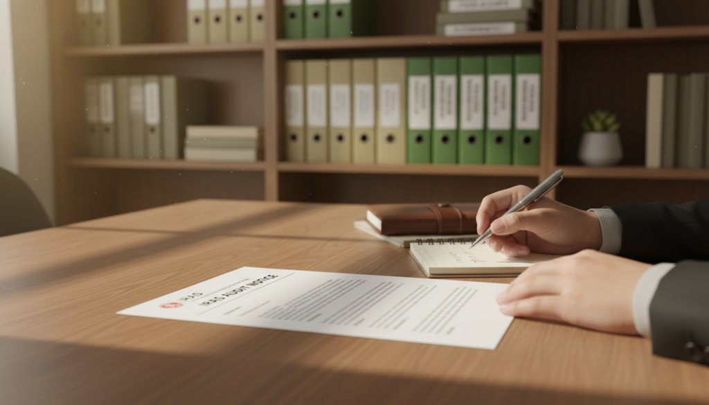 A photorealistic image of an IRAS audit notice displayed prominently on a wooden desk. The foreground features the official document, detailed with Singapore's IRAS logo and typical text structure, subtly blurred for emphasis. In the middle, a pair of professional hands are seen holding a pen, poised to take notes, with a notepad beside the document. The background includes a softly focused bookshelf filled with financial reports, audit materials, and a potted plant, creating an organized workspace atmosphere. The lighting is warm and inviting, suggesting a late afternoon sun streaming through a nearby window, casting gentle shadows. The overall mood conveys seriousness and preparation, suitable for a professional setting.