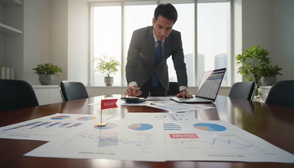 A photorealistic image of financial statements spread across a sleek, polished wooden conference table, illuminated by soft, natural light filtering through large windows behind. In the foreground, focus on documents featuring clear graphs, pie charts, and red flags marked with annotations indicating potential issues. The middle ground showcases a professional business analyst in formal attire, deeply focused while reviewing the statements with a calculator and a laptop open beside them. In the background, a modern office environment with minimalist decor and potted plants enhances the atmosphere of diligence and scrutiny. The mood is serious yet productive, highlighting the importance of accuracy and attention to detail in financial reporting.