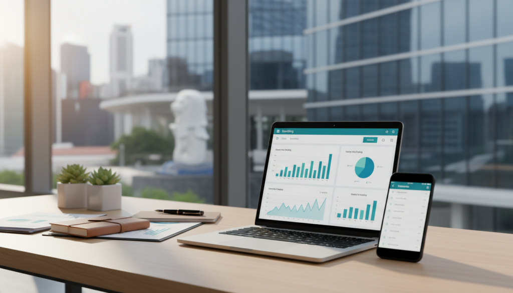 A photorealistic image showcasing a modern bank account concept. In the foreground, a sleek, open laptop displays a user-friendly banking interface featuring graphs and charts, symbolizing startup-friendly banking. Beside it, a stylish smartphone with a banking app open shows account balances and transaction history. In the middle ground, a well-organized office desk with financial documents and a potted plant adds a touch of professionalism. The background features a contemporary bank building with large glass windows, reflecting the bustling city of Singapore. Soft, natural lighting illuminates the scene, creating a warm, inviting atmosphere that hints at innovation and reliability. The overall mood is confident and optimistic, appealing to new entrepreneurs seeking traditional banking options.
