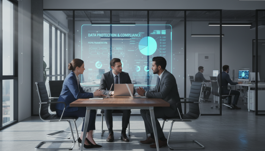 A photorealistic image showcasing a modern office environment filled with professionals handling personal data responsibly. In the foreground, a diverse group of three businesspeople—two men and one woman—are engaged in a serious discussion around a sleek conference table, all dressed in professional attire. The middle layer features a large digital screen displaying infographics related to data protection and compliance, highlighting essential aspects of the data lifecycle. In the background, glass walls reveal more team members at work, creating a sense of a broader, collaborative remote operation. Natural light streams in through large windows, casting soft shadows, enhancing the mood of diligence and urgency. The overall atmosphere communicates professionalism, focus, and the importance of PDPA compliance in a distributed workspace.