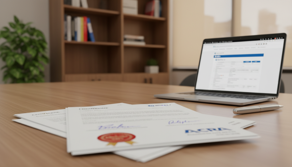A photorealistic image showcasing incorporation registration documents spread out on a sleek office desk. In the foreground, a close-up view of several official documents, complete with official seals, signatures, and the ACRA logo prominently displayed. The middle layer includes a polished wooden desk, adorned with a modern laptop open to the BizFile+ website, and a pen beside the documents. In the background, a softly blurred view of a well-lit office space with contemporary decor, featuring a bookshelf with financial literature and a plant. The lighting is warm and inviting, creating a professional yet approachable atmosphere, ideal for a fintech setting. A photorealistic image showcasing incorporation registration documents spread out on a sleek office desk. In the foreground, a close-up view of several official documents, complete with official seals, signatures, and the ACRA logo prominently displayed. The middle layer includes a polished wooden desk, adorned with a modern laptop open to the BizFile+ website, and a pen beside the documents. In the background, a softly blurred view of a well-lit office space with contemporary decor, featuring a bookshelf with financial literature and a plant. The lighting is warm and inviting, creating a professional yet approachable atmosphere, ideal for a fintech setting.