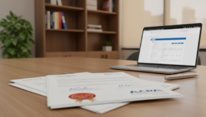 A photorealistic image showcasing incorporation registration documents spread out on a sleek office desk. In the foreground, a close-up view of several official documents, complete with official seals, signatures, and the ACRA logo prominently displayed. The middle layer includes a polished wooden desk, adorned with a modern laptop open to the BizFile+ website, and a pen beside the documents. In the background, a softly blurred view of a well-lit office space with contemporary decor, featuring a bookshelf with financial literature and a plant. The lighting is warm and inviting, creating a professional yet approachable atmosphere, ideal for a fintech setting.