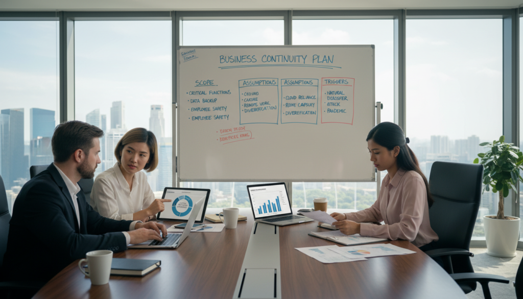 A photorealistic office environment showcasing a diverse group of professionals engaged in a strategic planning session for business continuity. In the foreground, a diverse team of three individuals—an Asian woman, a Caucasian man, and a South Asian woman—are seated around a sleek, modern conference table, surrounded by digital devices and documents displaying charts and flow diagrams. In the middle, a large whiteboard is filled with bullet points outlining a business continuity plan, including scope, assumptions, and triggers. The background features tall glass windows with a view of Singapore’s skyline, letting in natural light that creates a professional and focus-driven atmosphere. The scene captures a sense of collaboration, urgency, and clarity, emphasizing the importance of preparedness.