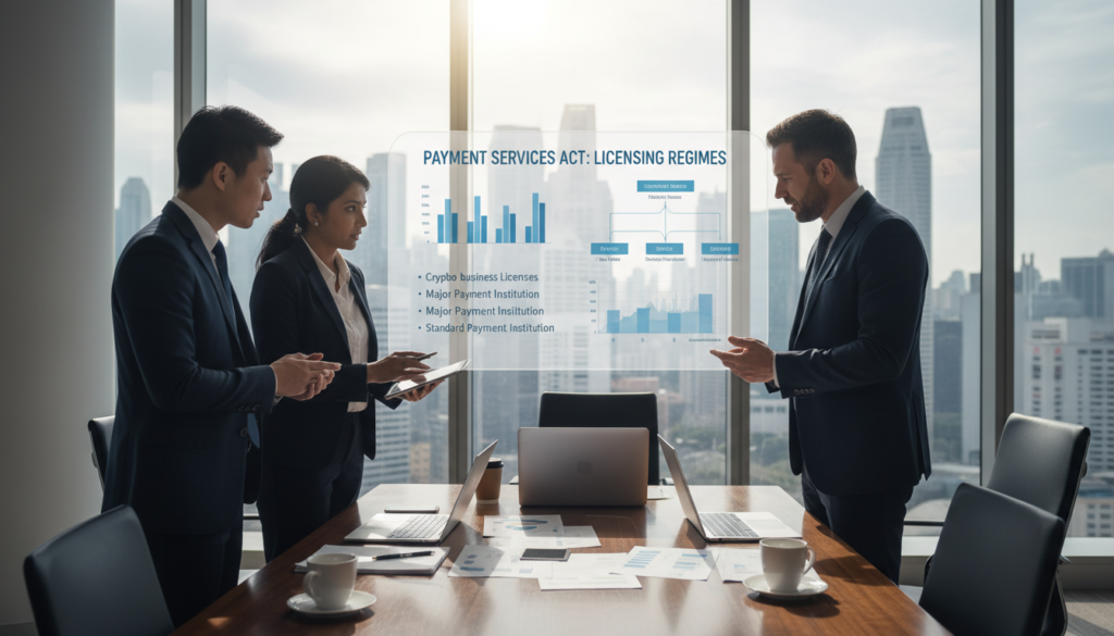 A photorealistic office scene depicting a diverse group of professionals discussing the Payment Services Act. In the foreground, three individuals in professional business attire—their faces showing focused expressions—are gathered around a sleek conference table covered with documents and digital devices. The middle ground features a large screen displaying graphs and key points related to crypto business licenses, symbolizing the complexity of the legislation. The background is a modern, well-lit office with large windows allowing natural light to stream in, revealing a cityscape of Singapore. The overall atmosphere should convey diligence and determination, highlighting the importance of choosing the right license route. The image should be vibrant, with clear details, ensuring a professional and polished look.