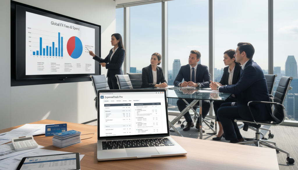 A photorealistic office scene focused on corporate cards and expense management. In the foreground, a sleek desk with a laptop displaying an expense tracking application, corporate cards neatly arranged alongside a calculator and financial documents. The middle ground features a modern conference table with business professionals in professional attire engaged in discussion, pointing at a digital display showing graphs and analytics on FX fees. The background includes a large window with a view of Singapore's skyline, allowing natural light to fill the room, enhancing the productive atmosphere. The overall mood is one of focus and efficiency, symbolizing smart financial management in a business environment.