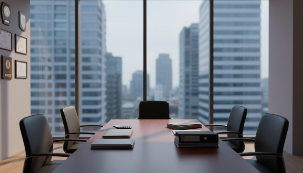A photorealistic office setting depicting the theme of "company assets" in the context of compulsory winding up by court order. In the foreground, a polished wooden conference table is surrounded by four empty executive chairs, symbolizing the cessation of business activity. Scattered across the table are financial documents, a closed laptop, and a calculator, showcasing the administrative aspect of closing a company. In the middle, a large transparent window reveals a cityscape, with business skyscrapers in soft focus, hinting at the broader impact of the closure. The background features framed certificates and awards, slightly blurred to give depth while conveying a professional atmosphere. Soft, warm lighting filters through the window, creating a somber yet contemplative mood, embodying the gravity of winding up a business. A photorealistic office setting depicting the theme of "company assets" in the context of compulsory winding up by court order. In the foreground, a polished wooden conference table is surrounded by four empty executive chairs, symbolizing the cessation of business activity. Scattered across the table are financial documents, a closed laptop, and a calculator, showcasing the administrative aspect of closing a company. In the middle, a large transparent window reveals a cityscape, with business skyscrapers in soft focus, hinting at the broader impact of the closure. The background features framed certificates and awards, slightly blurred to give depth while conveying a professional atmosphere. Soft, warm lighting filters through the window, creating a somber yet contemplative mood, embodying the gravity of winding up a business.