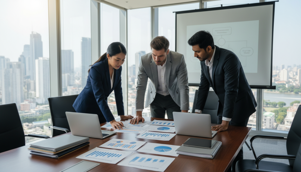 A photorealistic office setting illustrating the concept of transfer pricing methods. In the foreground, a diverse group of three professionals - a Southeast Asian woman, a Caucasian man, and a South Asian man - are engaged in a focused discussion, reviewing documents and charts related to financial analysis. They are dressed in professional business attire. In the middle, a sleek conference table is filled with laptops, papers, and colorful graphs illustrating different transfer pricing strategies. The background showcases a large window with sunlight streaming in, casting soft shadows, and a modern city skyline outside. The atmosphere is collaborative and analytical, emphasizing professionalism and teamwork in decision-making. The camera angle is slightly elevated, providing a comprehensive view of the scene, highlighting both the people and the materials.