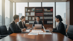 A photorealistic office setting representing "exemptions and simplifications" in transfer pricing. In the foreground, a diverse group of three professionals, a male and female Asian business professional and a Black female consultant, are engaged in a collaborative discussion around a large wooden conference table. They are dressed in smart business attire, with papers and charts spread out before them. In the middle ground, an elegant boardroom with large windows allowing natural light to flood the space, casting soft shadows. In the background, a well-organized bookshelf filled with legal and business guides. The atmosphere is focused and professional, with an air of clarity and ease. The shot is taken from a slightly low angle, showcasing both the team and the modern decor of the room, enhancing the sense of collaboration and efficiency.