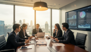 A photorealistic representation of the concept "economic substance" in a modern office setting. In the foreground, a diverse group of professionals in business attire is engaged in lively discussion around a sleek conference table, analyzing documents and financial reports. The middle layer features a large window with natural light flooding in, showcasing a panoramic view of Singapore’s skyline, symbolizing growth and opportunity. In the background, elements like charts and graphs on a digital display add depth to the scene, emphasizing analytical work. The atmosphere is dynamic and focused, with warm lighting to enhance a sense of collaboration and professionalism, captured from a slightly elevated angle to provide an expansive view of the setting.