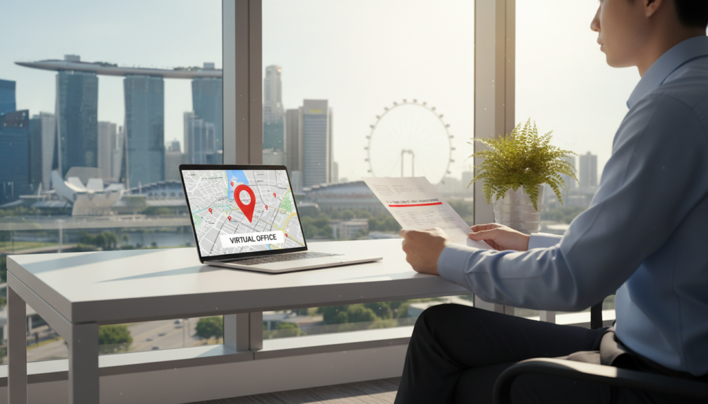 A photorealistic scene capturing a modern office environment in Singapore, focusing on a sleek, minimalist desk. In the foreground, a business professional in smart attire is reviewing paperwork, highlighting a registered address on a document. The middle layer showcases a laptop displaying a digital map of Singapore, with a prominent pin indicating the virtual office location. The background features a large window with a panoramic view of the Singapore skyline, including iconic landmarks like Marina Bay Sands and the Singapore Flyer. Soft, natural light filters through the window, creating a warm and inviting atmosphere, while a potted plant adds a touch of greenery, enhancing the professional yet cozy feel of the space.