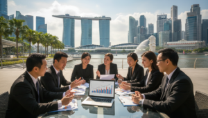A photorealistic scene depicting a modern Singaporean cityscape during the day, showcasing iconic landmarks such as Marina Bay Sands and the Merlion in the background. In the foreground, a diverse group of professionals in business attire engage in a discussion around a table covered with financial documents and a laptop displaying graphs. The atmosphere is bright and energetic, reflecting a bustling economic hub. The lighting is natural, with sunlight illuminating the skyline, creating a dynamic interplay of shadows and highlights. The angle captures both the professionals in focus and the impressive architecture of Singapore in the background, symbolizing the intersection of business and the vibrant urban environment.