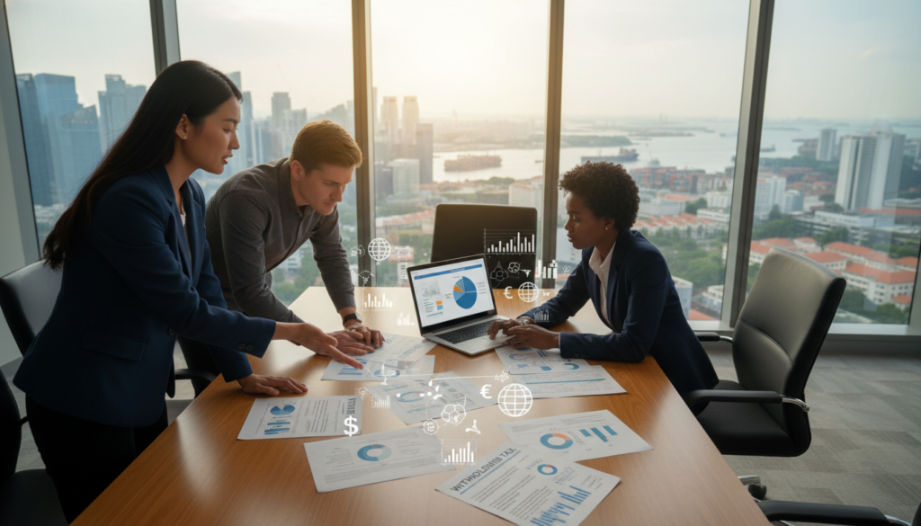 A photorealistic scene depicting a modern corporate office setting, featuring a diverse group of professional individuals discussing cross-border payment strategies. In the foreground, a confident Asian businesswoman in a tailored blazer points to financial documents on a wooden conference table filled with currency symbols and tax forms. The middle layer shows two colleagues, one Caucasian and one Black, analyzing a laptop screen displaying graphs and charts related to withholding tax. In the background, large windows reveal a bustling skyline of Singapore, accentuated by soft sunlight filtering through. The atmosphere is focused and collaborative, reflecting the importance of understanding withholding tax in international finance. Use natural lighting to create a warm, inviting mood, and capture the scene from a slightly elevated angle to engage viewers.