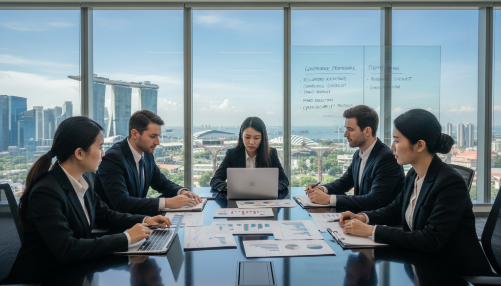 A photorealistic scene depicting a modern office environment focused on risk safeguarding and governance for business accounts. In the foreground, a diverse group of professionals in business attire, including women and men of various ethnicities, are engaged in a discussion around a sleek conference table covered with documents, charts, and a laptop. In the middle ground, large windows offer a view of Singapore's skyline, with iconic buildings under clear blue skies, casting natural light into the room. At the back, a whiteboard displays strategic governance plans and compliance checklists. The atmosphere is serious yet collaborative, emphasizing professionalism and diligence. The image should be shot using a wide-angle lens to capture the entire scene, with soft lighting to enhance focus on the participants engaged in their discussion about risk management.