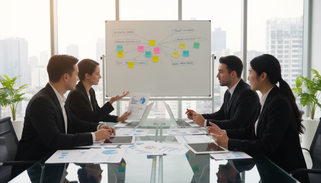 A photorealistic scene depicting a professional business meeting focused on pre-incorporation market validation. In the foreground, a diverse group of four professionals in smart business attire is engaged in a lively discussion around a sleek glass conference table, with laptops and market research documents open. In the middle ground, a large whiteboard displays colorful sticky notes outlining business ideas and validation processes. The background features a modern office space with large windows allowing soft, natural light to filter in, creating a bright and positive atmosphere. The camera angle captures the energy of collaboration, emphasizing the importance of preparation before incorporation in the startup journey. A photorealistic scene depicting a professional business meeting focused on pre-incorporation market validation. In the foreground, a diverse group of four professionals in smart business attire is engaged in a lively discussion around a sleek glass conference table, with laptops and market research documents open. In the middle ground, a large whiteboard displays colorful sticky notes outlining business ideas and validation processes. The background features a modern office space with large windows allowing soft, natural light to filter in, creating a bright and positive atmosphere. The camera angle captures the energy of collaboration, emphasizing the importance of preparation before incorporation in the startup journey.
