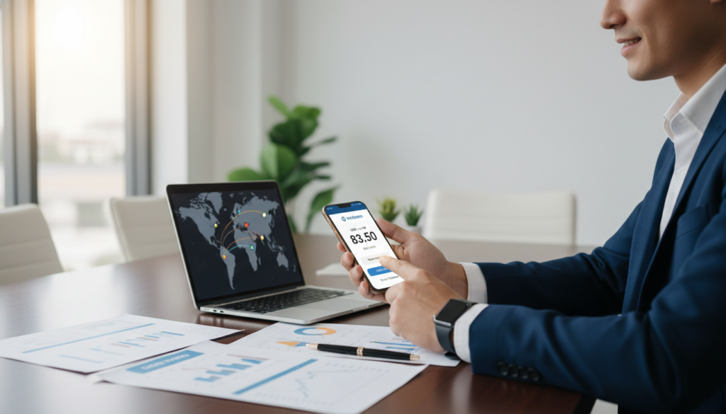 A photorealistic scene showcasing a modern digital financial interface that represents "Instarem money". In the foreground, a sleek smartphone displays a vibrant app interface showing international currency exchange rates and transfer options, surrounded by business documents and a laptop. In the middle ground, a professional business person in formal attire, focused and engaged in using the app, with a subtle smile reflecting satisfaction. The background features a bright, minimalist office space, indicating productivity and efficiency, with soft natural lighting coming from large windows. The atmosphere is dynamic and optimistic, encapsulating the speed and reliability of financial transfers.