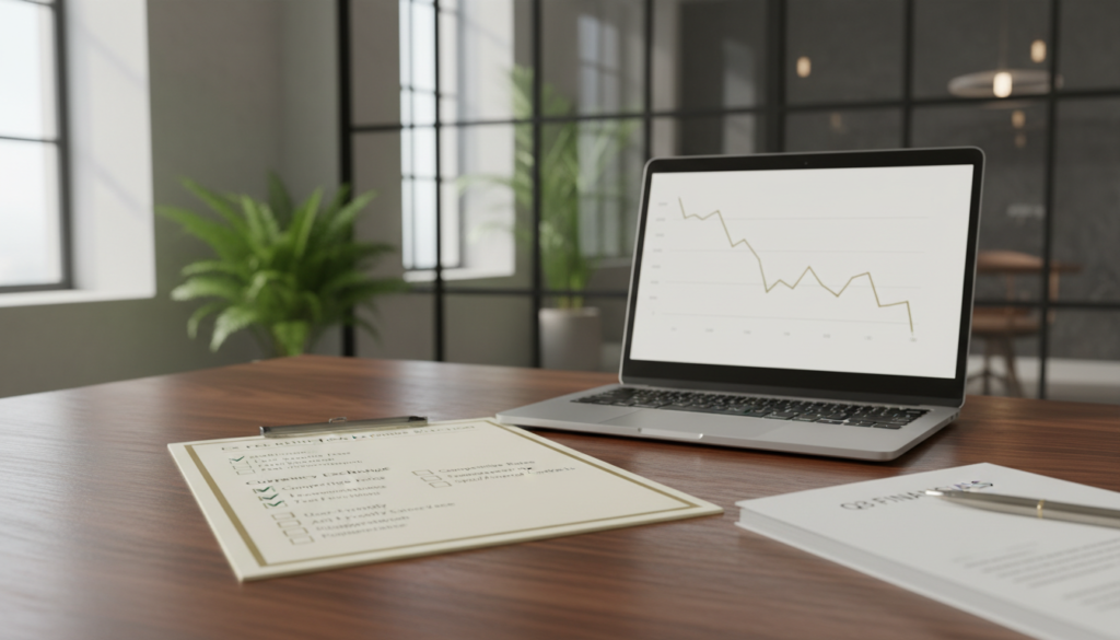 A photorealistic shortlisting checklist on a sleek wooden desk, illuminated by soft, natural lighting coming from a nearby window. The checklist is prominently displayed in the foreground with a checkbox format, elegantly designed, and partially filled with tick marks. In the middle ground, there are a few polished business items, such as a laptop, a stylish pen, and a financial report, creating a professional ambiance. In the background, a blurred view of a modern office environment with glass walls and green plants enhances the business setting. The overall mood conveys a sense of focus and professionalism, ideal for a corporate audience looking to minimize FX fees.