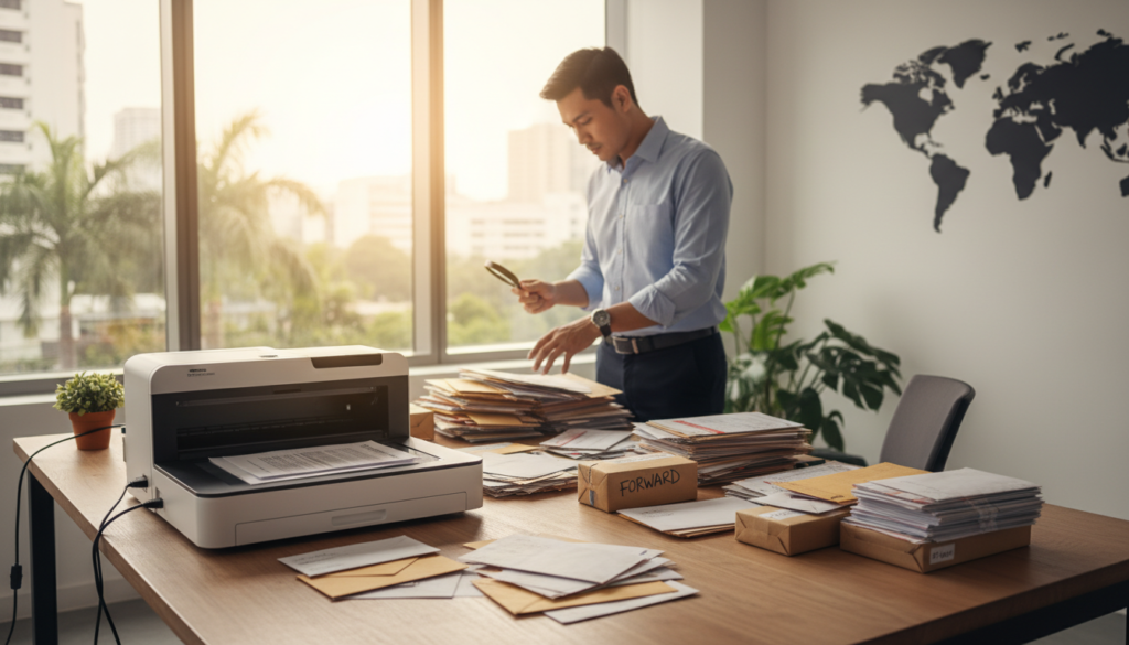 A photorealistic workspace scene depicting a professional mail handling setup. In the foreground, a well-organized desk featuring an array of envelopes, packages, and a modern scanner, highlighting mail forwarding and scanning services. In the middle, a focused man in professional attire is carefully sorting through the mail, showcasing meticulous attention to detail. Soft natural sunlight filters in through a large window in the background, illuminating a minimalist office space with greenery, creating a calm and productive atmosphere. The angle captures the essence of a functional virtual office in Singapore, with a clean design that promotes efficiency and remote business capabilities. The overall mood is organized and professional, reflecting the importance of efficient mail services in a remote working environment. A photorealistic workspace scene depicting a professional mail handling setup. In the foreground, a well-organized desk featuring an array of envelopes, packages, and a modern scanner, highlighting mail forwarding and scanning services. In the middle, a focused man in professional attire is carefully sorting through the mail, showcasing meticulous attention to detail. Soft natural sunlight filters in through a large window in the background, illuminating a minimalist office space with greenery, creating a calm and productive atmosphere. The angle captures the essence of a functional virtual office in Singapore, with a clean design that promotes efficiency and remote business capabilities. The overall mood is organized and professional, reflecting the importance of efficient mail services in a remote working environment.