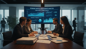 A professional and dynamic office scene depicting a complex financial analysis focused on working capital adjustments. In the foreground, a diverse group of business professionals in smart business attire are gathered around a modern conference table cluttered with financial documents, charts, and a calculator, engaged in deep discussion. The middle ground features a large digital screen displaying graphs and percentages related to working capital analysis, illuminated by soft, warm lighting that creates an inviting atmosphere. In the background, a sleek office environment with glass walls and plants, symbolizing a thriving business ecosystem. The overall mood is analytical yet collaborative, emphasizing the importance of financial strategies in corporate settings. The scene is captured from a low-angle perspective to emphasize the seriousness of the meeting while highlighting the details of the financial materials.