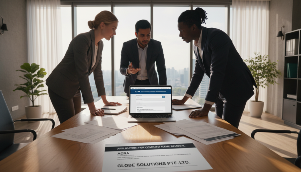 A professional business environment depicting a conference table with documents spread out, including an application for company name removal. In the foreground, a diverse group of three individuals in smart business attire (a Caucasian woman, a South Asian man, and a Black man) are intently discussing the documents. The middle of the image showcases a laptop open with the ACRA website displayed. The background features a softly lit office with a large window, allowing natural daylight to flood the room, casting gentle shadows. The atmosphere is one of focused determination and clarity, emphasizing the process of closing a company. The image should be photorealistic, shot from a slightly elevated angle to capture the dynamics of the conversation while maintaining professionalism and warmth. A professional business environment depicting a conference table with documents spread out, including an application for company name removal. In the foreground, a diverse group of three individuals in smart business attire (a Caucasian woman, a South Asian man, and a Black man) are intently discussing the documents. The middle of the image showcases a laptop open with the ACRA website displayed. The background features a softly lit office with a large window, allowing natural daylight to flood the room, casting gentle shadows. The atmosphere is one of focused determination and clarity, emphasizing the process of closing a company. The image should be photorealistic, shot from a slightly elevated angle to capture the dynamics of the conversation while maintaining professionalism and warmth.