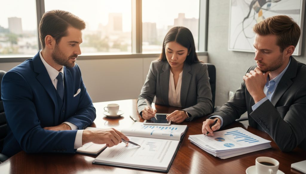 A professional business environment featuring a diverse group of three individuals engaged in a serious discussion around a large conference table. In the foreground, a man in a tailored suit gestures towards a detailed report on the table, emphasizing key disclosure points. The middle ground includes a woman in business attire, taking notes on a tablet, while another individual, also dressed in formal office wear, looks thoughtfully at the documents. The background showcases a large window allowing soft natural light to illuminate the room, creating a warm and focused atmosphere. The composition has a slight overhead angle to capture the interactions and the documents effectively, reflecting an atmosphere of professionalism and collaboration while highlighting the theme of disclosure and reporting in related party transactions. Photorealistic details enhance the scene.