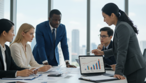 A professional business meeting setting with a group of diverse individuals analyzing documents related to exemptions and thresholds in transfer pricing. In the foreground, a middle-aged Asian woman in a tailored suit points at a chart on a laptop, showcasing data visualizations. The middle section features a diverse group, including a Black man and a Caucasian woman, engaged in conversation, surrounded by paperwork, charts, and a calculator. In the background, a modern office with large windows allowing natural light to illuminate the room, creating a bright and collaborative atmosphere. The scene is captured from a slight upward angle, emphasizing the interaction and focus on the table, with a soft bokeh effect on the background to keep attention on the professionals. The overall mood is one of diligence, teamwork, and strategic planning.