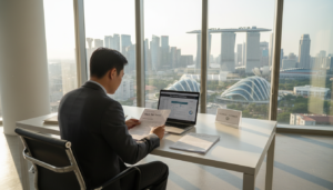 A professional business person sitting at a sleek modern desk in a bright, well-lit office environment, embodying the concept of "non-resident" in Singapore. The individual, wearing a tailored suit, is studying various documents and a laptop screen featuring financial charts and tax forms. In the background, a panoramic window displays a vibrant city skyline, hinting at Singapore's iconic architecture. Soft natural light filters through the glass, casting gentle shadows in the room. The atmosphere is focused and industrious, reflecting the serious nature of tax regulations. The perspective is slightly elevated, capturing both the subject and the dynamic city view behind them, emphasizing the connection between international finance and local tax laws.