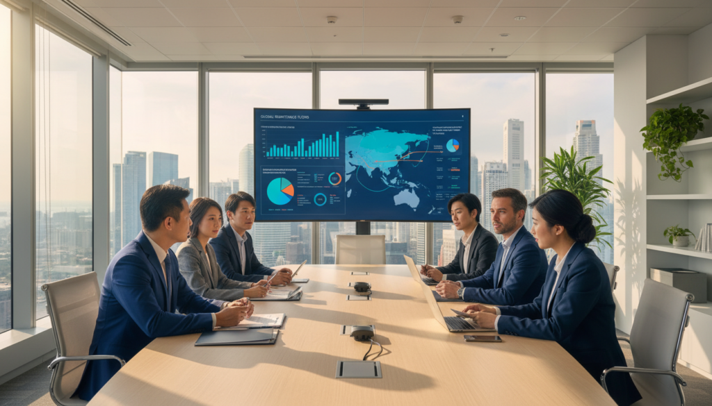 A professional business setting depicting a non-resident company office environment. In the foreground, a diverse group of business professionals in formal attire engaging in a strategic meeting around a modern conference table, deep in discussion. In the middle ground, a large digital screen displays various charts and graphs related to cross-border payments and tax regulations, highlighting Singapore’s financial landscape. The background features a sleek, glass-walled office with city skyline views under natural daylight streaming in, providing a bright and optimistic atmosphere. The camera angle captures the dynamic interaction of the team, with a slightly elevated perspective to showcase both the group and the visual data on the screen. The overall mood is focused and professional, evoking collaboration and expertise.